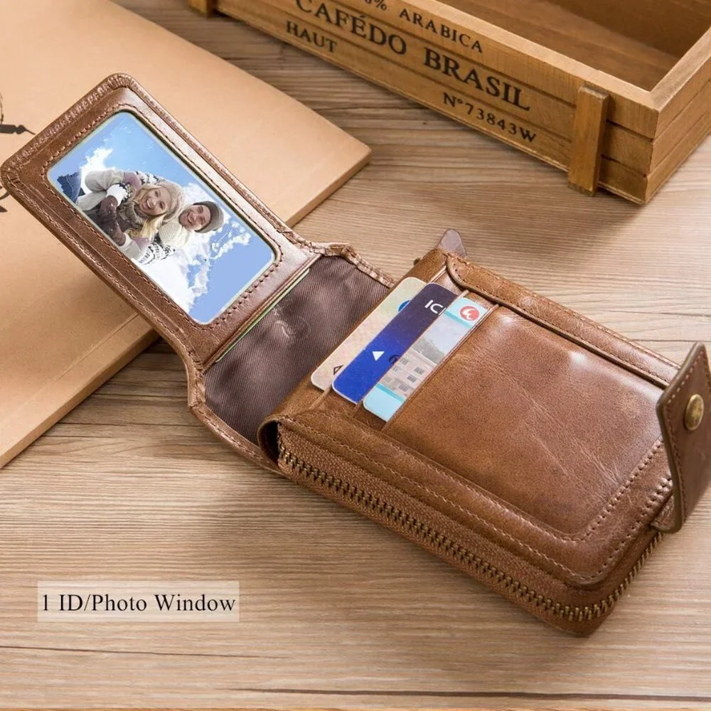 Genuine Leather Wallet for Men Large Capacity ID Window Card Case Brown